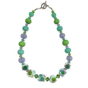 Handmade Artisan Lampwork Green & Purple Glass Bead Statement Necklace 21"